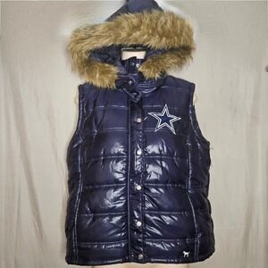 Victoria's Secret PINK NFL Dallas Cowboys Puffer Vest Faux Fur Hood